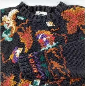 Vintage Tunic Sweater Women's Size Large Black Floral Knit‎ Ramie Cotton 90s